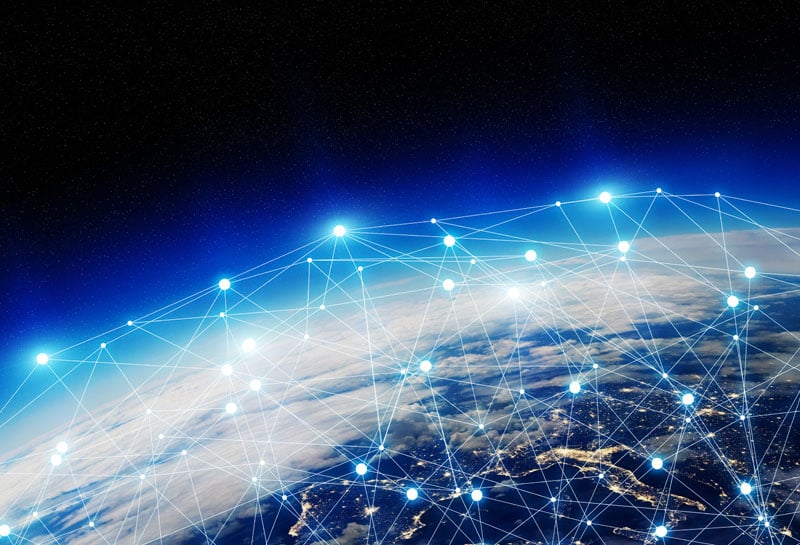 View of Earth from space with lit up points connected